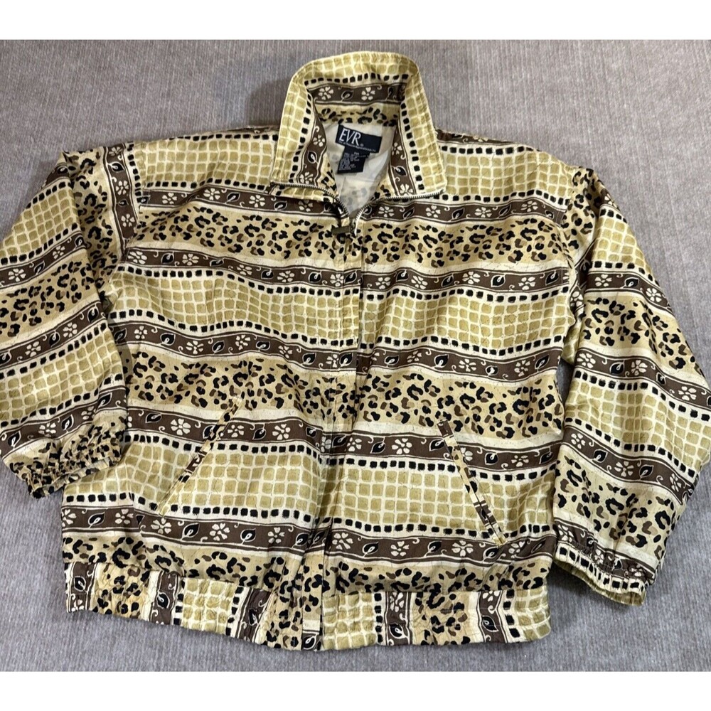 EVR Women Warmup Jacket M Silk Full Zip Animal Print‎ Mom Athleisure Retro